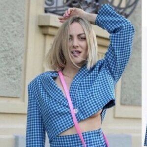 Zara Blue Checked Cropped Blazer, Sz. M